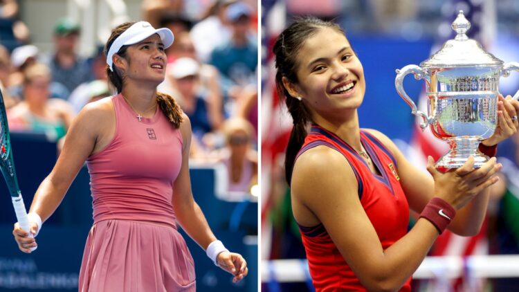 Emma Raducanu (left) looks on and Emma Raducanu (right) holds the US Open trophy