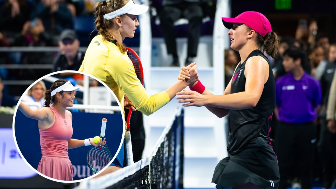 Emma Raducanu (bottom left) in a circle overlay laughs, Elena Rybakina and Iga Swiatek shake hands (middle)
