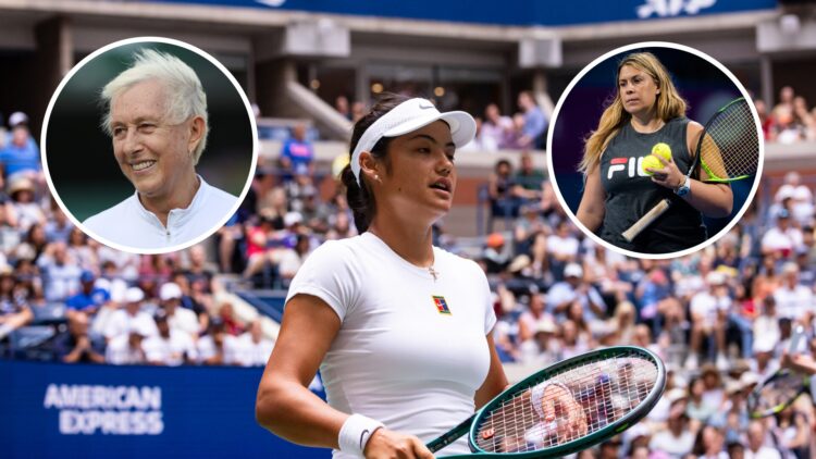 Main: Emma Raducanu in action at the 2025 US Open mixed doubles tournament. Inset: Martina Navratilova reacts at Wimbledon. Marion Bartoli coaches ...