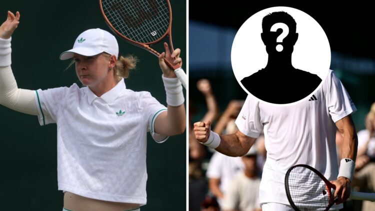 Francesca Jones (left) lifts her arms and mystery player (right)