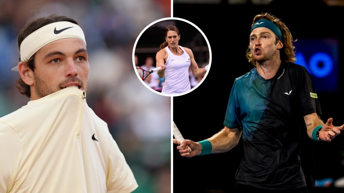 Main left: Taylor Fritz bites his t-shirt in frustration. Main right: Andrey Rublev complaining. Inset top middle: Andrea Petkovic hits a forehand.