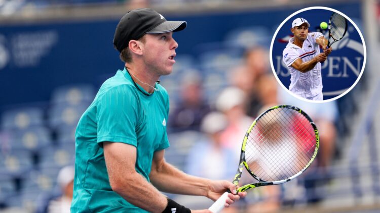 Main: Alex Michelsen prepares for a shot at the net. Inset top right: Andy Roddick hits a backhand