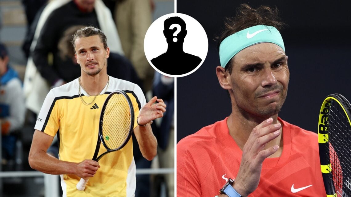 Main left: Alexander Zverev claps his racket. Main right: Rafael Nadal looking concerned. Inset top middle: Mystery overlay.