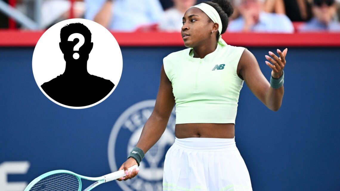 Main: Coco Gauff looks on in frustration. Inset top left: Mystery overlay.