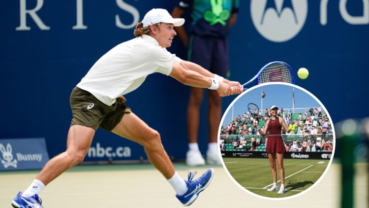 Alex de Minaur (left) scrambles to hit a backhand and Katie Boulter (bottom right) in a circle overlay smiles