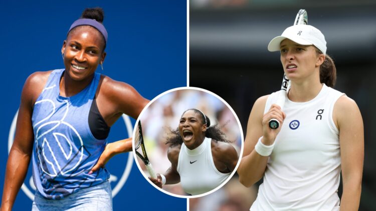 Coco Gauff (left) smiles, Serena Williams (middle) in a circle overlay screams and Iga Swiatek (right) looks disgruntled