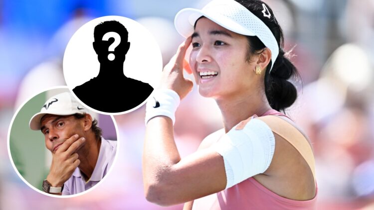 Rafael Nadal (bottom left) in a circle overlay looks on, Mystery player (top left) in a circle overlay and Alexandra Eala (right) looking stressed
