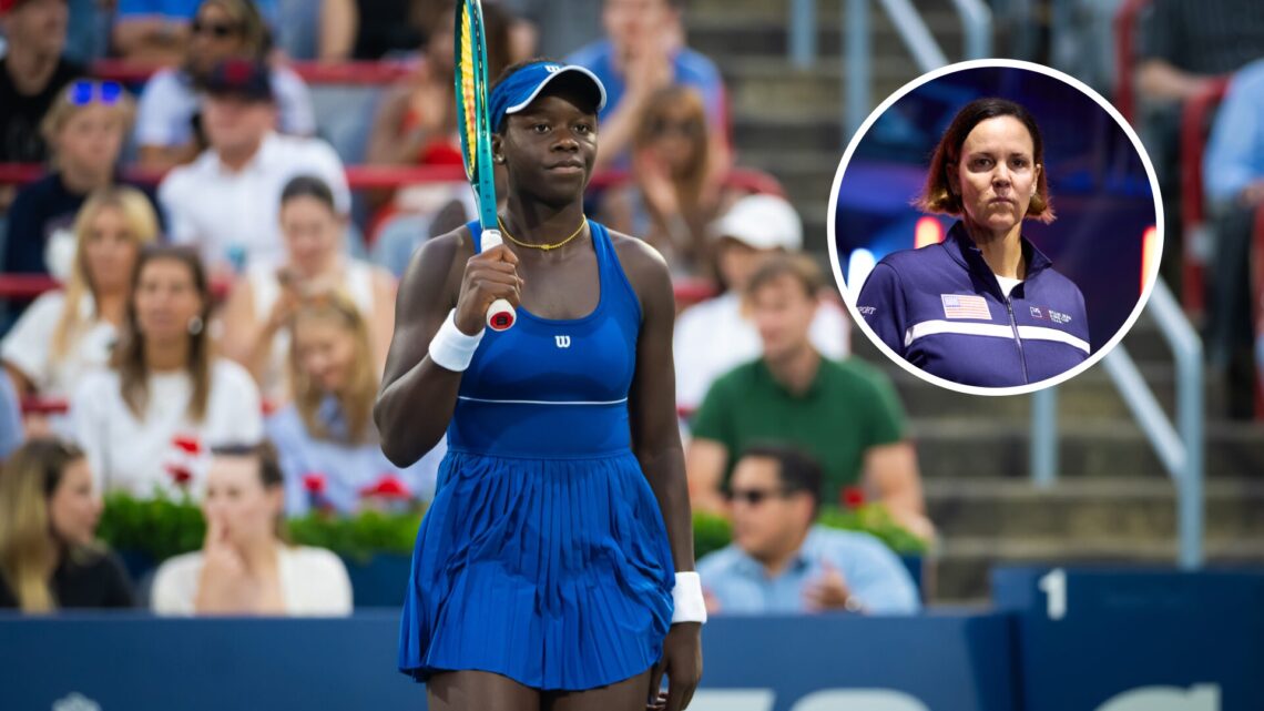 Main: Victoria Mboko looks on in frustration. Inset top right: Lindsay Davenport looks on.