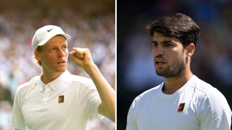 Main: Jannik Sinner fist pumps in celebration. Main right: Carlos Alcaraz looks on.