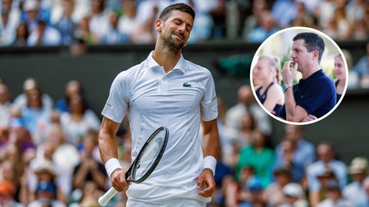 Main: Novak Djokovic looking exasperated. Inset top right: Tim Henman looks on.