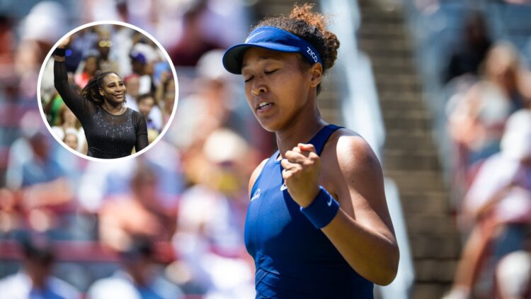 Main: Naomi Osaka fist pumps in celebration with her eyes closed. Inset top left: Serena Williams waves to the crowd.