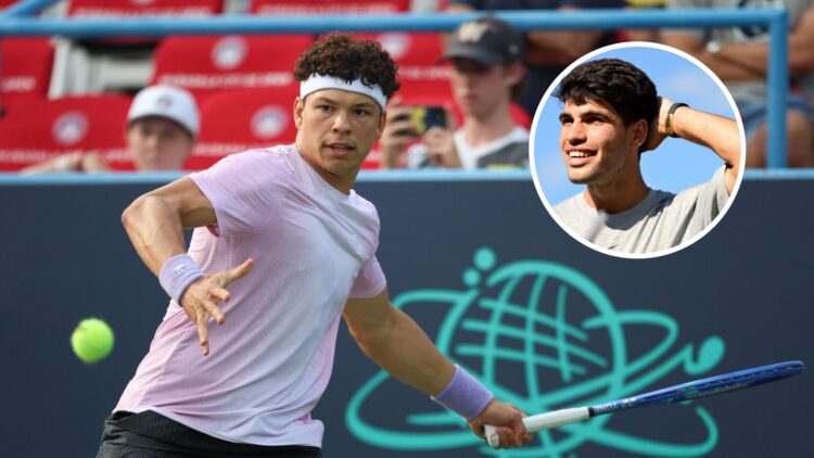Main: Ben Shelton preparing to hit a forehand. Inset top right: Carlos Alcaraz smiling with his hand behind his head.