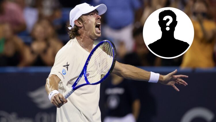 Main: Alex de Minaur roars in celebration. Inset top right: Mystery overlay.