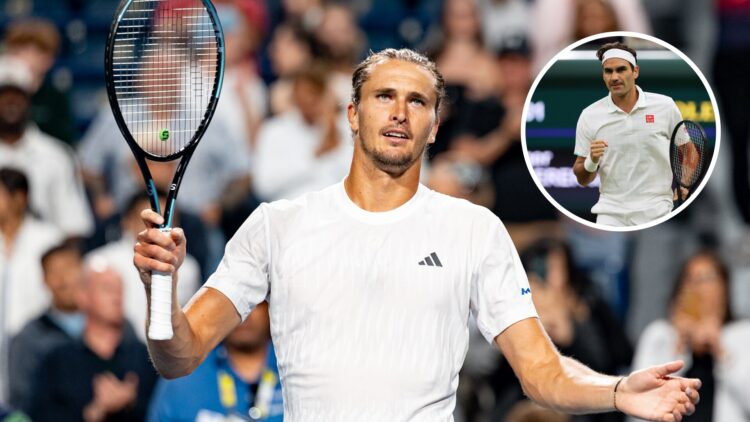 Main: Alexander Zverev waves to the crowd with his racquet. Inset top right: Roger Feder fist pumps in celebration.