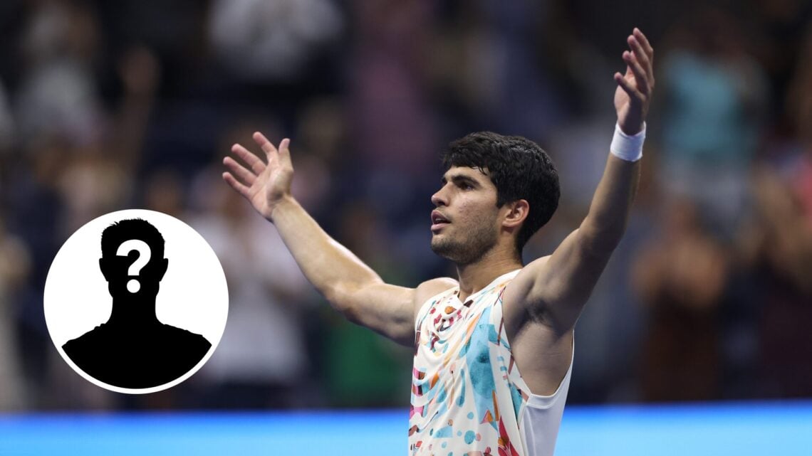 Main: Carlos Alcaraz raises his arms in celebration. Inset bottom left: Mystery overlay.