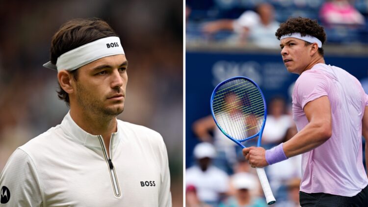 Left image: Taylor Fritz in action at the 2025 Wimbledon Championships. Right image: Ben Shelton shakes his racket in celebration at the Canadian Open