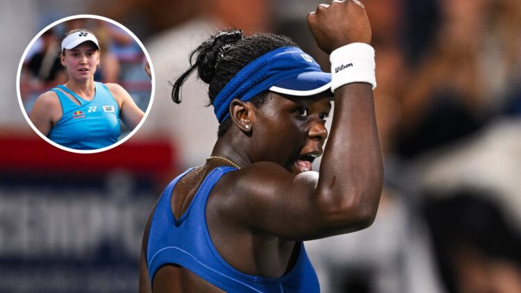 Main: Victoria Mboko fist pumps in celebration. Inset top left: Elena Rybakina looks on.
