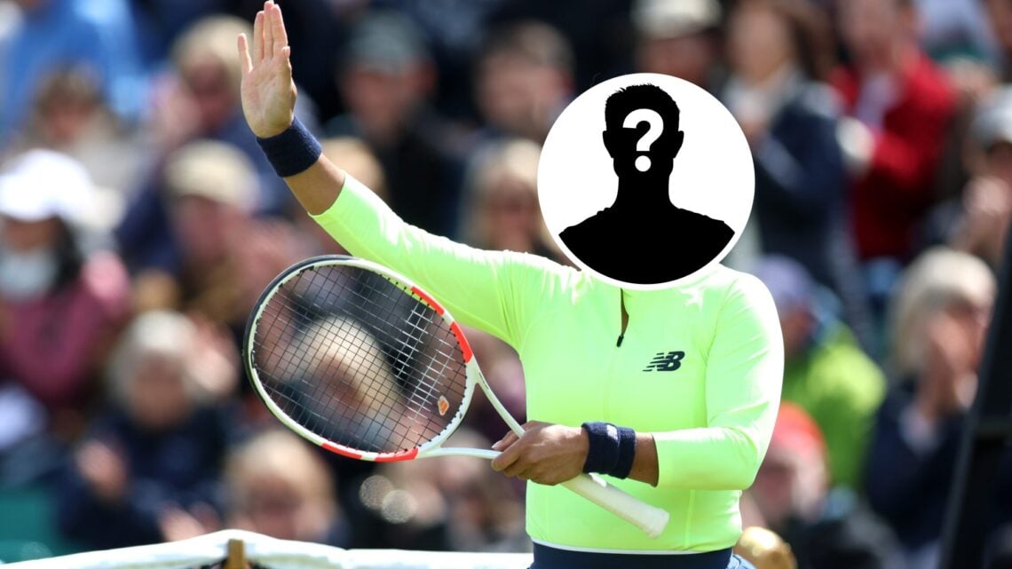 Main: Heather Watson waves to the crowd. Inset: Mystery overlay covering Heather Watson's face.