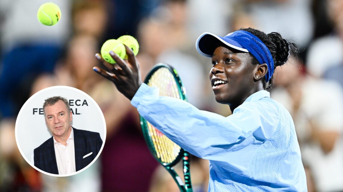 Main: Victoria Mboko catches a tennis ball. Inset bottom left: Jon Wertheim looks on.