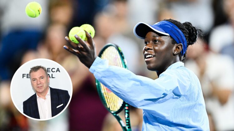 Main: Victoria Mboko catches a tennis ball. Inset bottom left: Jon Wertheim looks on.