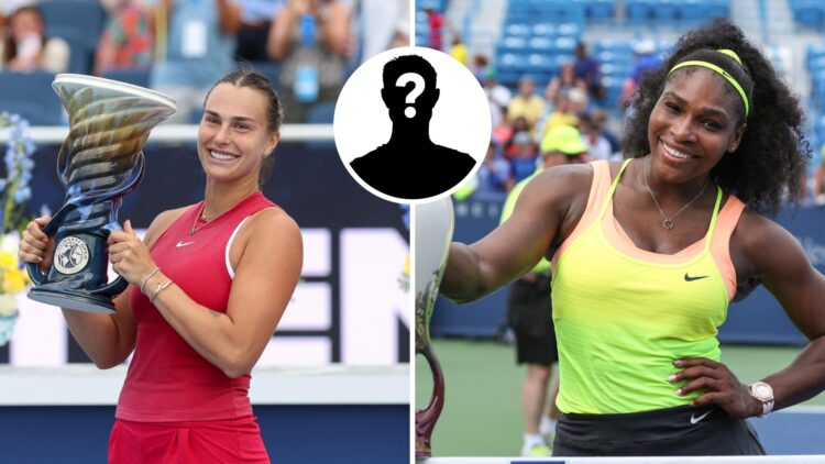 Main left: Aryna Sabalenka poses with the Cincinnati Open trophy. Main right: Serena Williams poses with the Cincinnati Open trophy. Inset top midd...