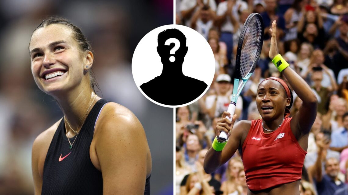 Main left: Aryna Sabalenka smiling. Main right: Coco Gauff celebrating. Inset top middle: Mystery overlay.