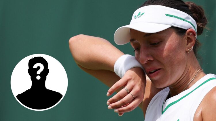 Main: Jessica Pegula wipes her face with her sweatband. Inset bottom left: Mystery Overlay.