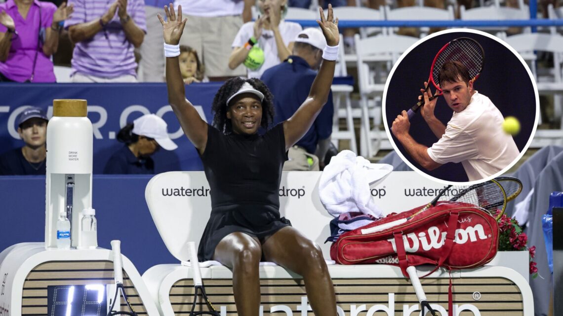 Venus Williams (left) waves both her hands and Barry Cowan (right) in a circle overlay hits a backhand