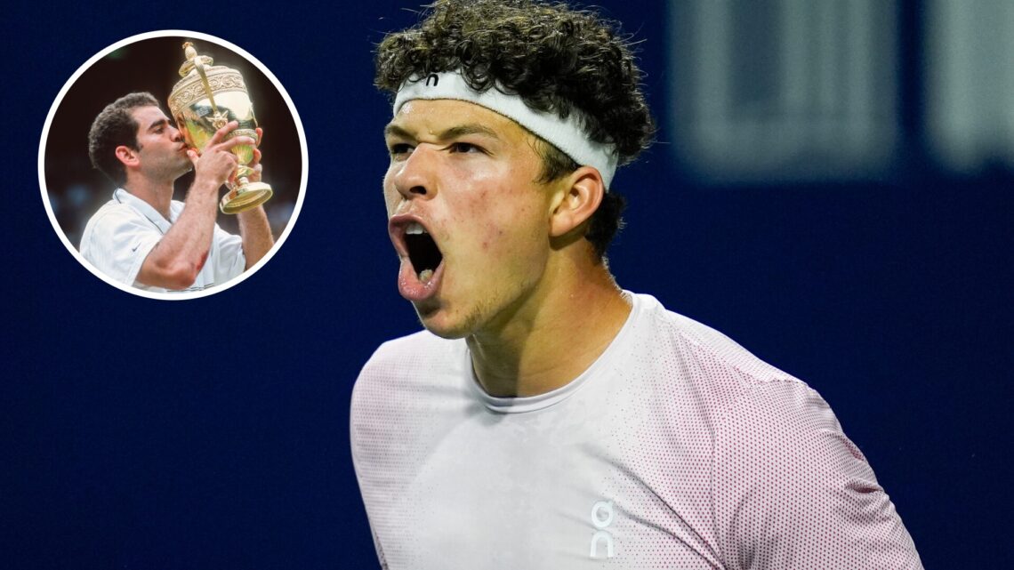 Main: Ben Shelton shouting. Inset top left: Pete Sampras kisses the Wimbledon Men's Singles trophy.