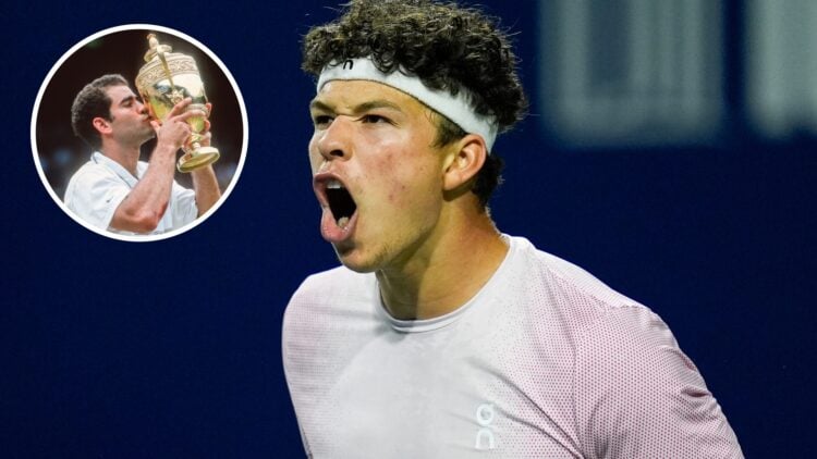 Main: Ben Shelton shouting. Inset top left: Pete Sampras kisses the Wimbledon Men's Singles trophy.