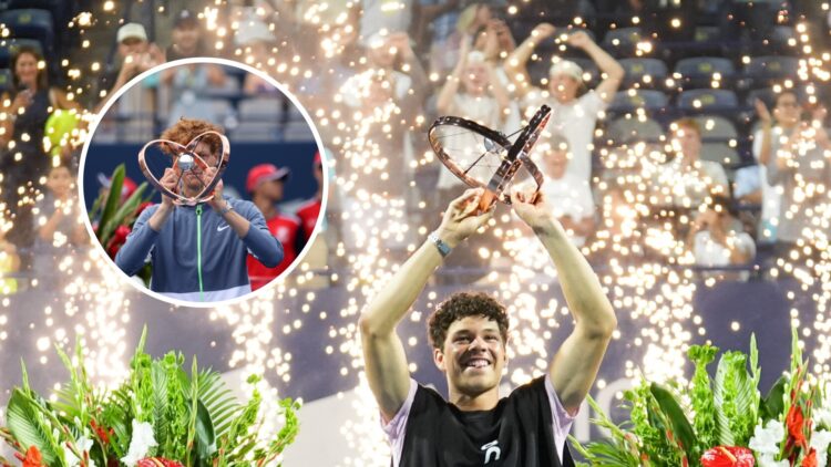Jannik Sinner (left) in a circle overlay and Ben Shelton (middle) both hold their Canadian Open trophies
