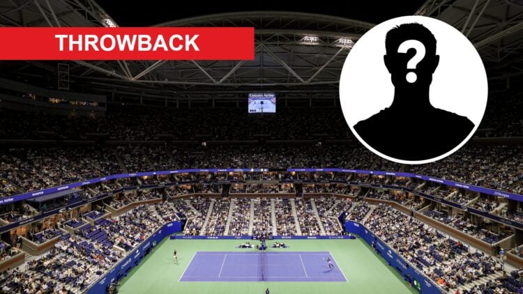 Main: An overhead shot of Arthur Ashe stadium at the 2024 US Open with throwback logoi. Inset: Mystery logo