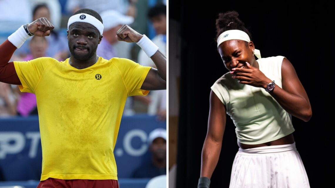 Frances Tiafoe (left) flexes and Coco Gauff (right) laughs
