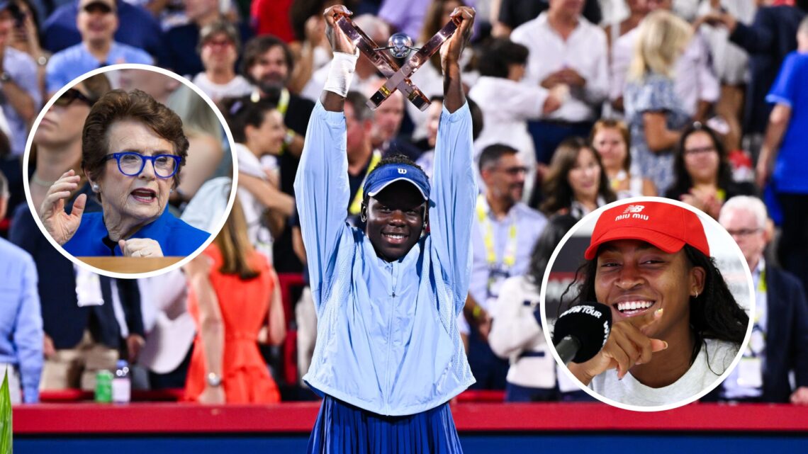Billie Jean King (top left) speaks in a circle overlay, Victoria Mboko (middle) lifts the Canadian Open trophy and Coco Gauff (bottom right) laughs...