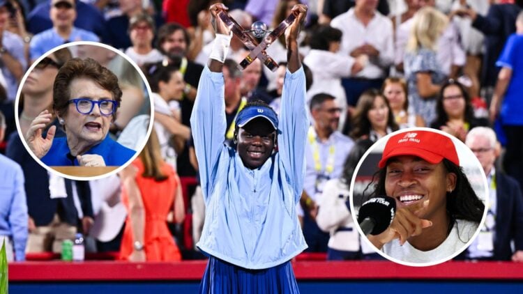 Billie Jean King (top left) speaks in a circle overlay, Victoria Mboko (middle) lifts the Canadian Open trophy and Coco Gauff (bottom right) laughs...