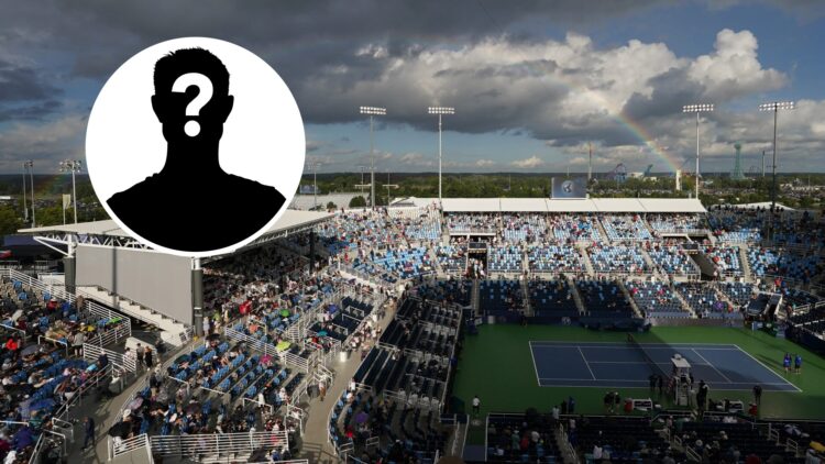 Mystery player (top left) in a circle overlay and an overview of the Cincinnati Open courts