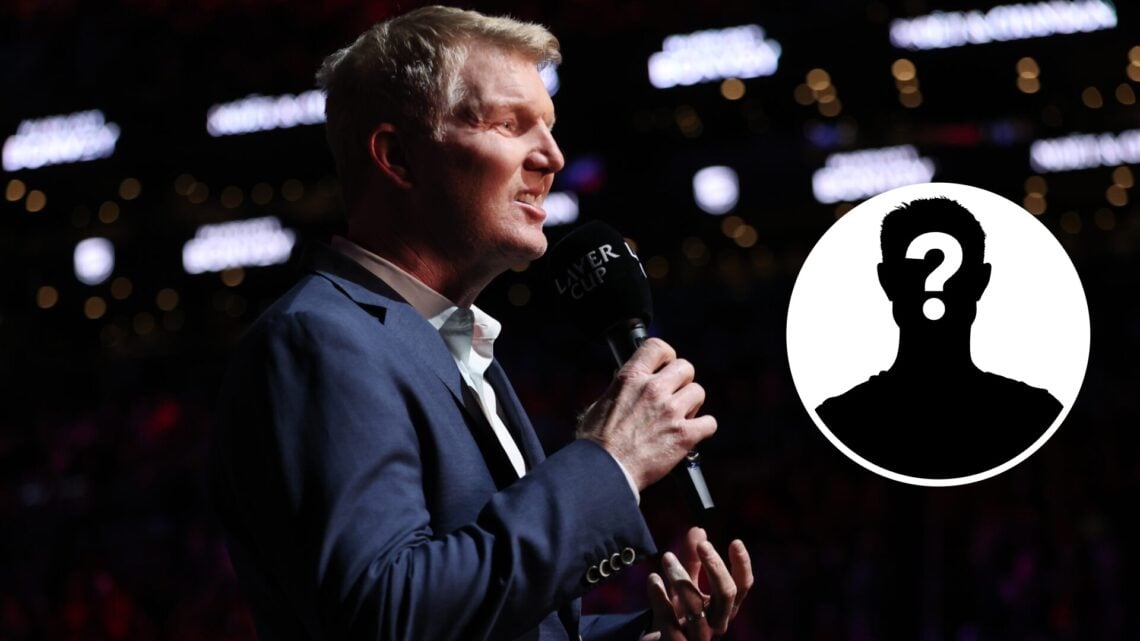 Jim Courier speaks into a microphone (middle) and a Mystery Player (right) in a circle overlay