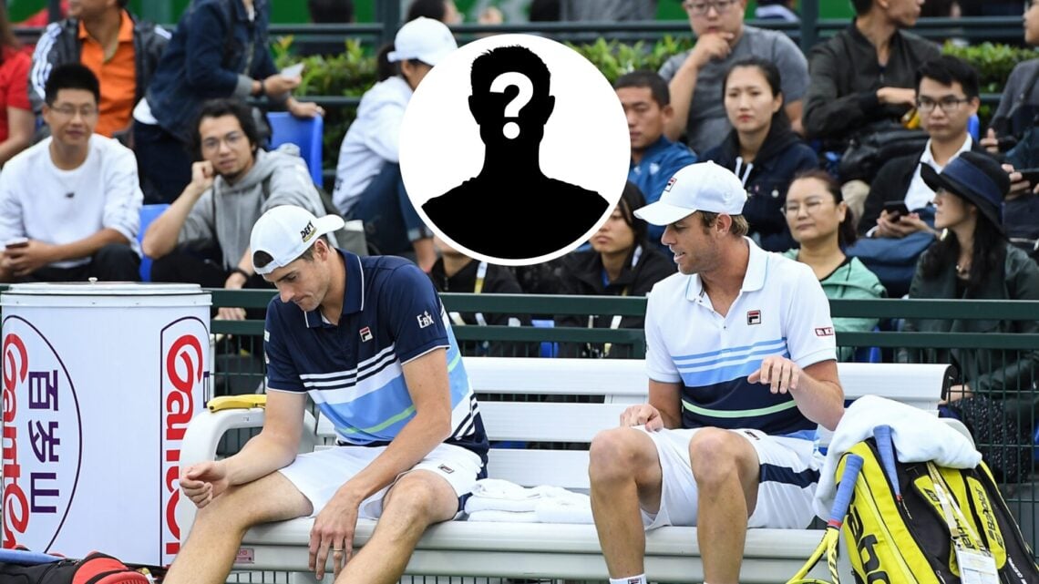 John Isner (left) sat down, Mystery Player (middle) in a circle overlay and Sam Querrey (right) sat down