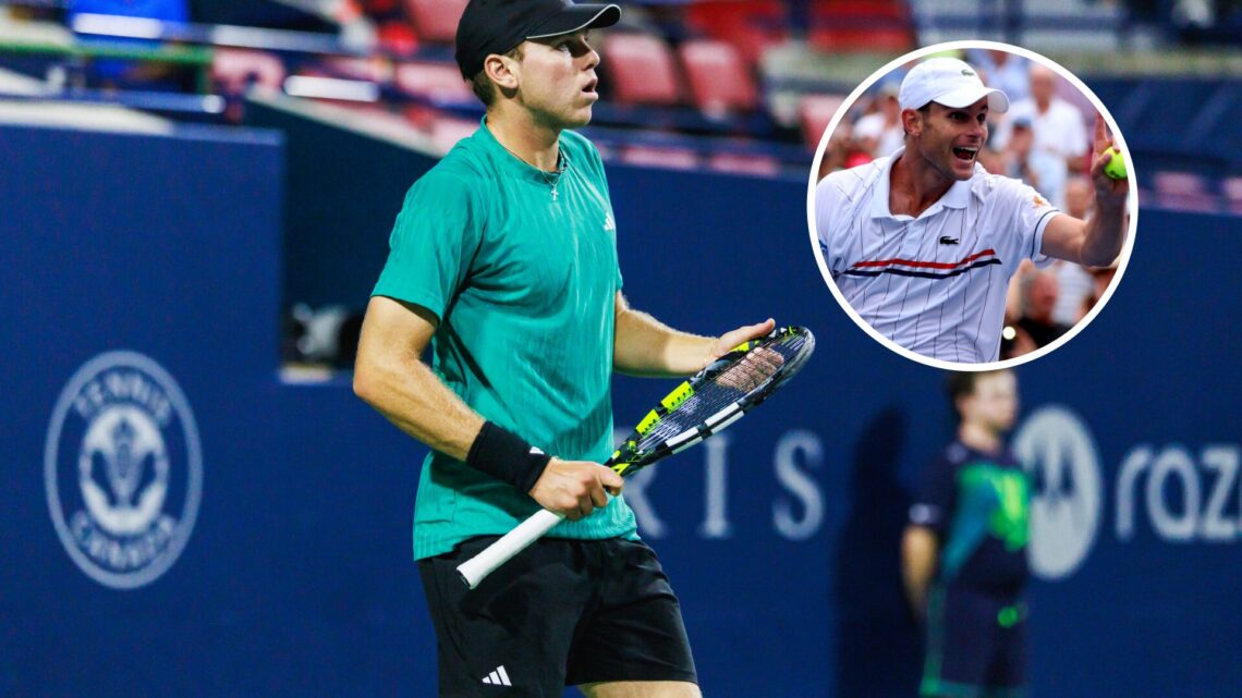 Alex Michelsen (left) looks on and Andy Roddick (top right) in a circle overlay points and shouts