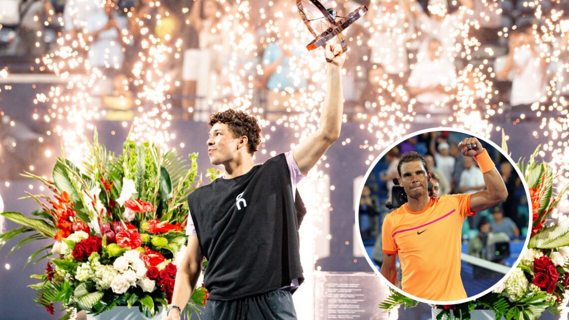 Ben Shelton (middle) lifts the trophy and Rafael Nadal (bottom right) in a circle overlay lifts his fist