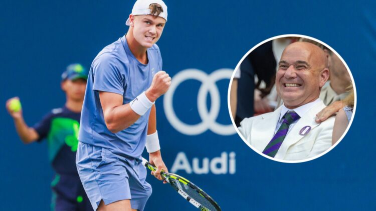 Main: Holger Rune fist pumps in celebration. Inset right: Andre Agassi smiling.