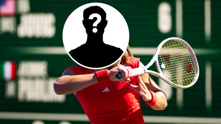 Main: Iva Jovic looks on after hitting a forehand. Inset top middle: Mystery overlay covering Iva Jovic's face.