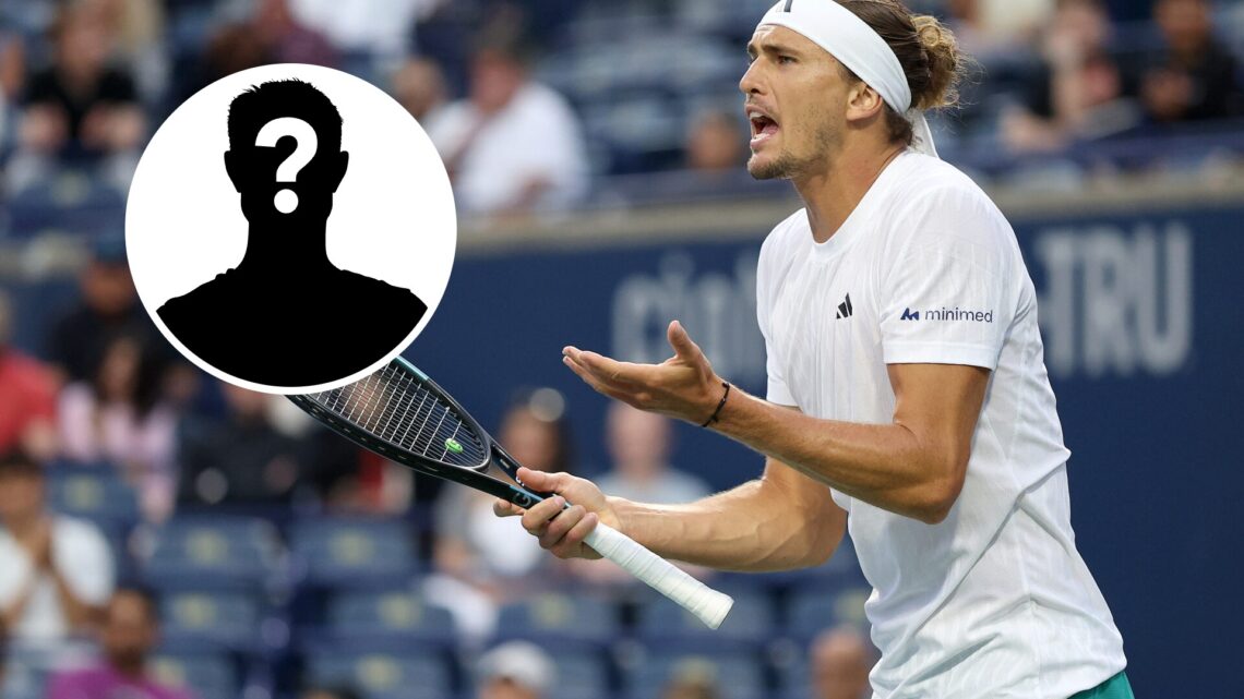 Mystery player (top left) in a circle overlay and Alexander Zverev (right) gestures in frustration
