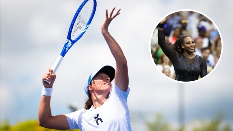 Main: Iga Swiatek prepares to hit a serve. Inset top right: Serena Williams waves to the crowd.