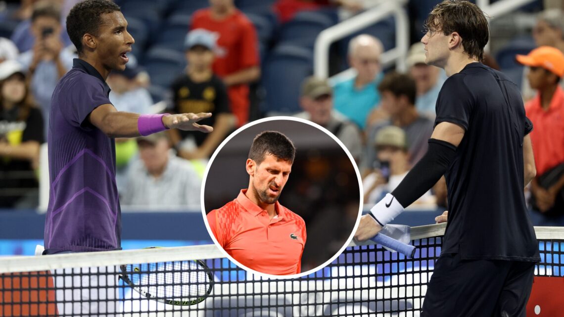 Felix Auger-Aliassime (left) and Jack Draper (right) chat at the net, Novak Djokovic (middle) in a circle overlay looks annoyed