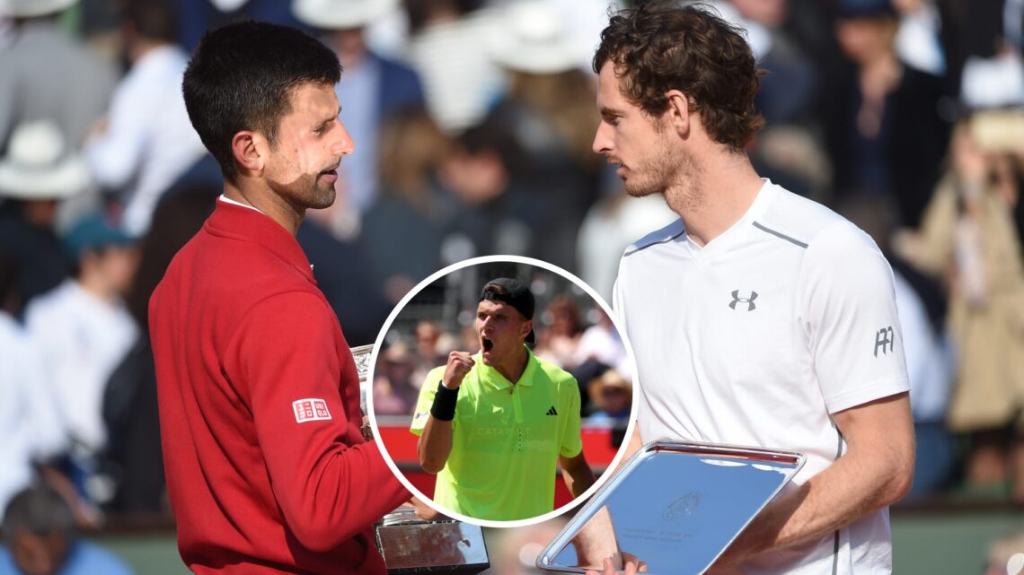 Novak Djokovic (left) and Andy Murray (right) shake hands, Jakub Mensik (middle) in a circle overlay pumps his fist