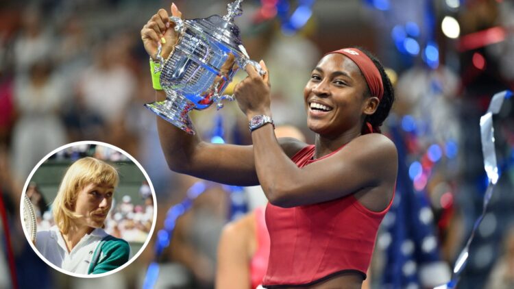 Main: Coco Gauff lifts the 2023 US Open Ladies Singles trophy. Inset bottom left: Martina Navratilova looks on while holding the Wimbledon Venus Ro...