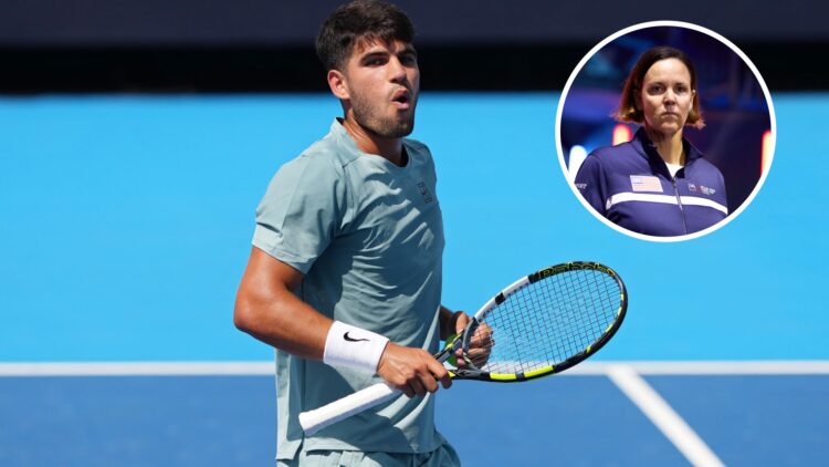 Main: Carlos Alcaraz looking surprised/relieved. Inset top right: Lindsay Davenport looks on.