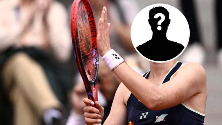 Main: Elena Rybakina applauds the crowd with her racquet. Inset top middle right: Mystery overlay covering Elena Rybakina's face.