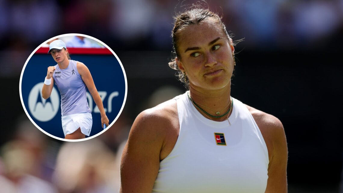 Iga Swiatek (left) in a circle overlay pumps her fist and Aryna Sabalenka (right) looks dejected